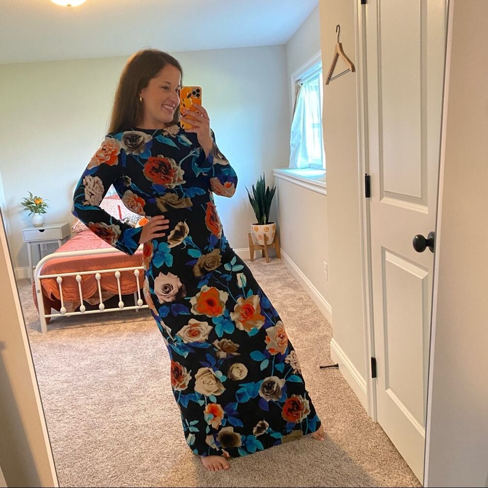 MSGM Milano Blue Red Black Rose Floral Long Sleeve Maxi Gown Dress XS - Picture 5 of 16